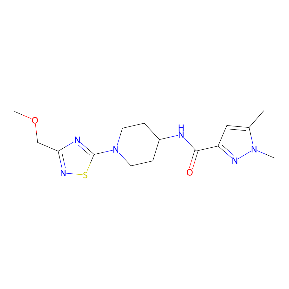 N-{1-[3-(methoxymethyl)-1,2,4-thiadiazol-5-yl]piperidin-4-yl}-1,5-dimethyl-1H-pyrazole-3-carboxamide molecular structure, CAS 3054436-91-5