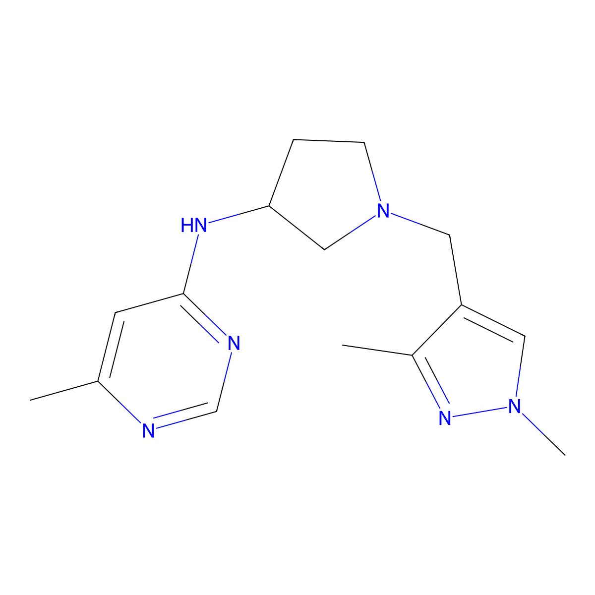 N-{1-[(1,3-dimethyl-1H-pyrazol-4-yl)methyl]pyrrolidin-3-yl}-6-methylpyrimidin-4-amine molecular structure, CAS 3054436-95-9