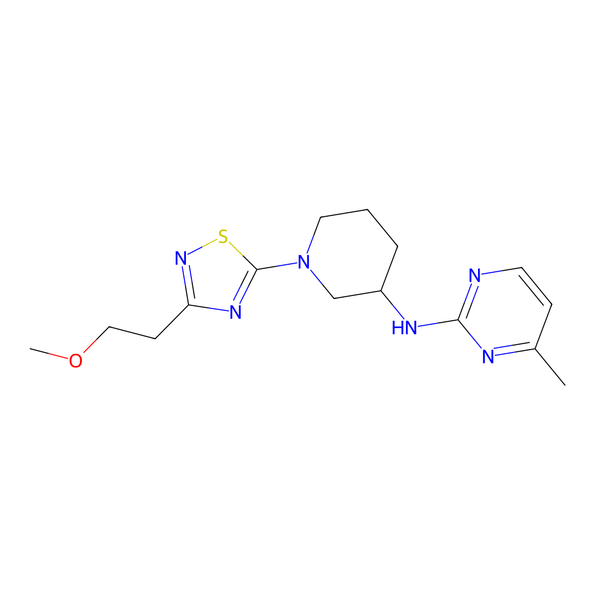 N-{1-[3-(2-methoxyethyl)-1,2,4-thiadiazol-5-yl]piperidin-3-yl}-4-methylpyrimidin-2-amine molecular structure, CAS 3054436-98-2