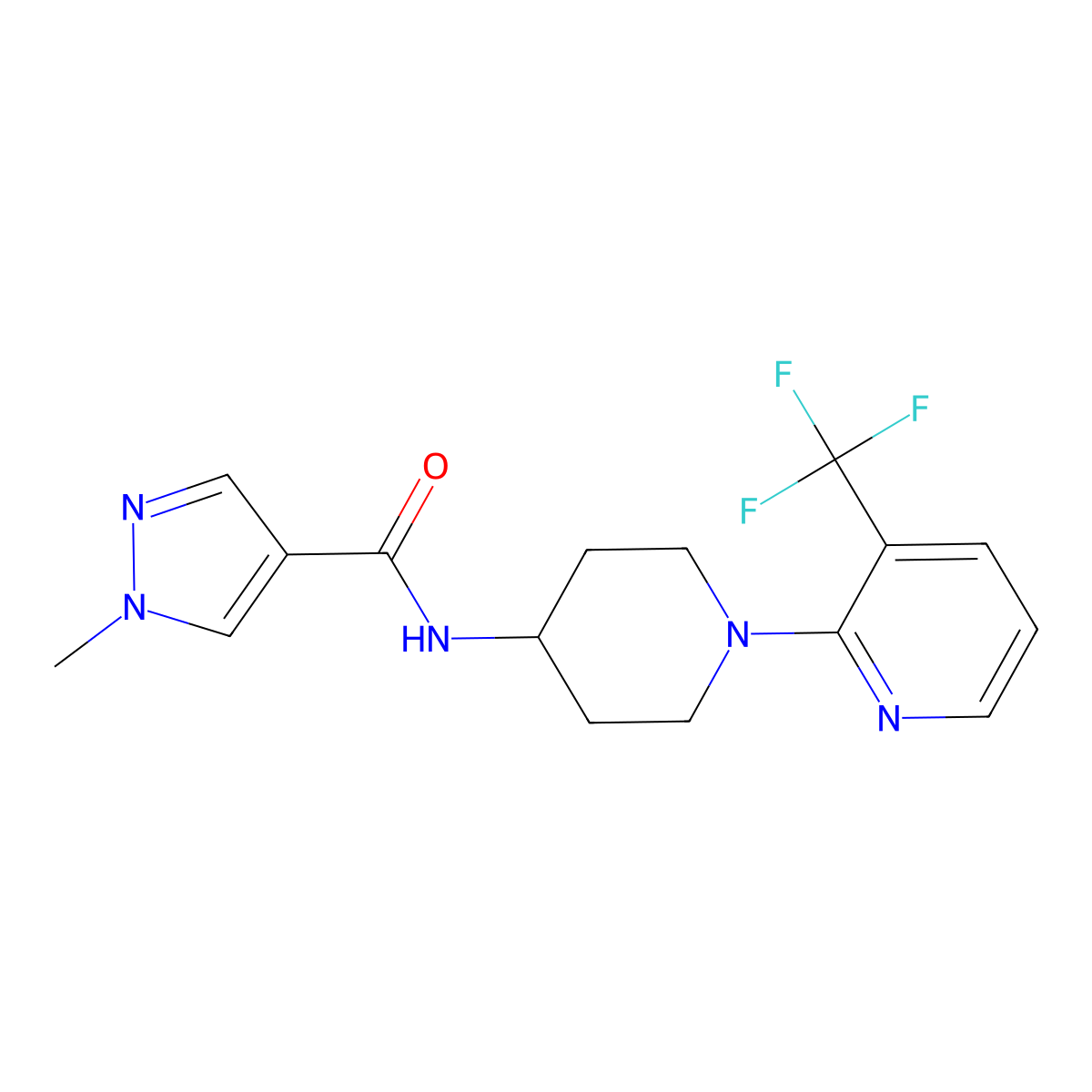 1-methyl-N-{1-[3-(trifluoromethyl)pyridin-2-yl]piperidin-4-yl}-1H-pyrazole-4-carboxamide molecular structure, CAS 3054437-01-0