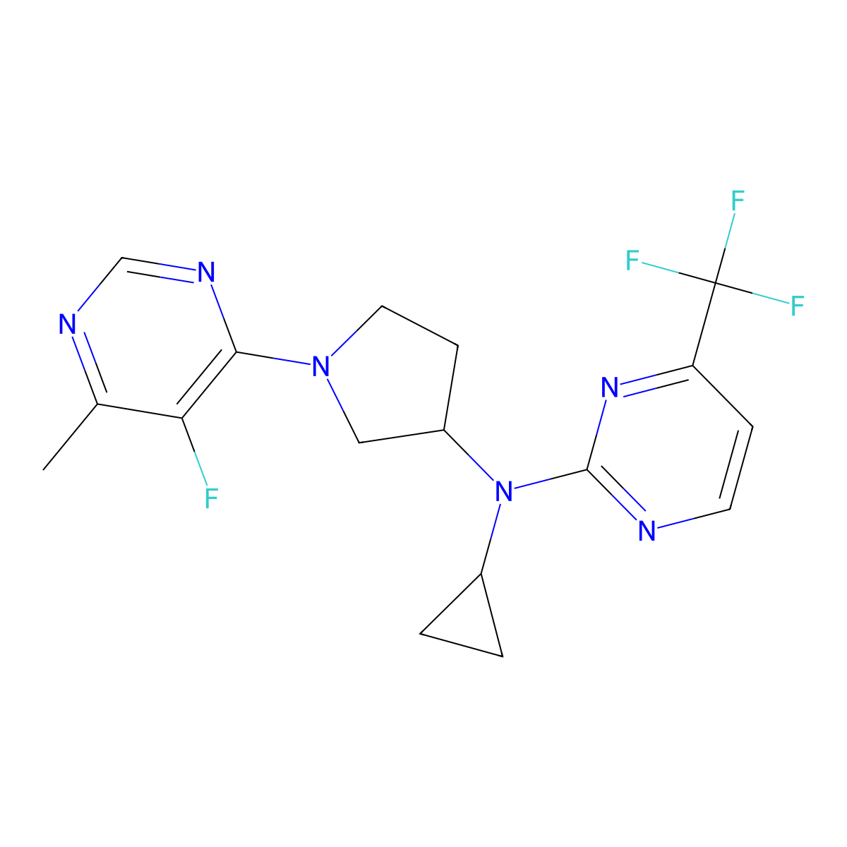 N-cyclopropyl-N-[1-(5-fluoro-6-methylpyrimidin-4-yl)pyrrolidin-3-yl]-4-(trifluoromethyl)pyrimidin-2-amine molecular structure, CAS 3054437-04-3