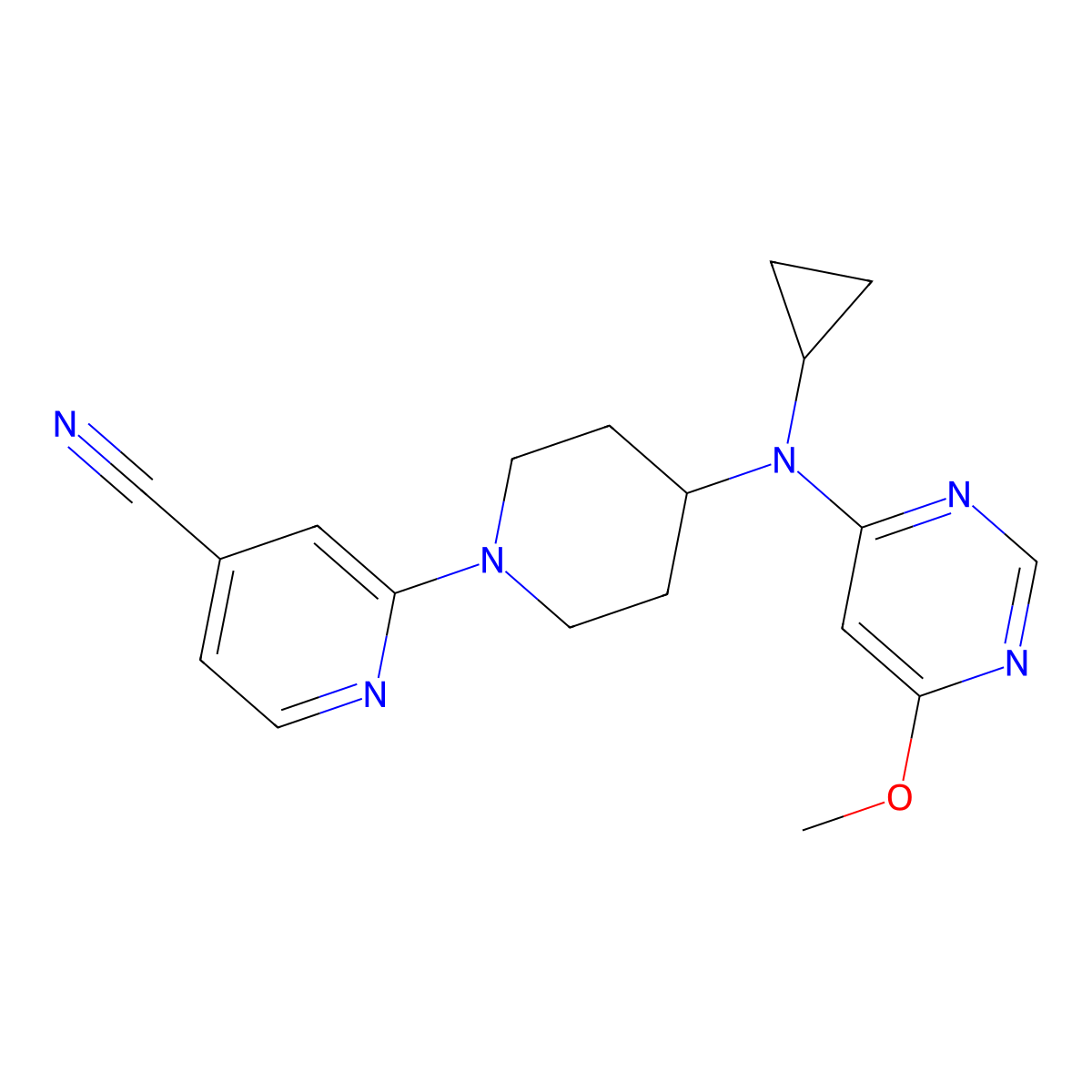 2-{4-[Cyclopropyl(6-methoxypyrimidin-4-yl)amino]piperidin-1-yl}pyridine-4-carbonitrile molecular structure, CAS 3054437-09-8