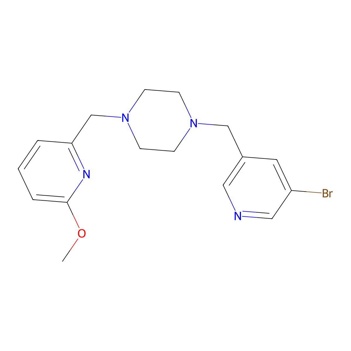 1-[(5-Bromopyridin-3-yl)methyl]-4-[(6-methoxypyridin-2-yl)methyl]piperazine molecular structure, CAS 3054437-18-9