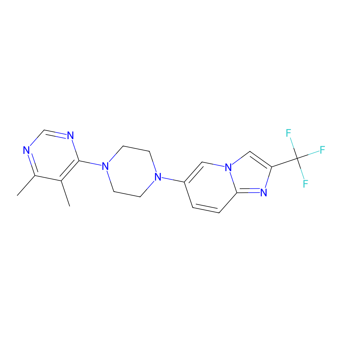 4,5-Dimethyl-6-{4-[2-(trifluoromethyl)imidazo[1,2-a]pyridin-6-yl]piperazin-1-yl}pyrimidine molecular structure, CAS 3054437-22-5