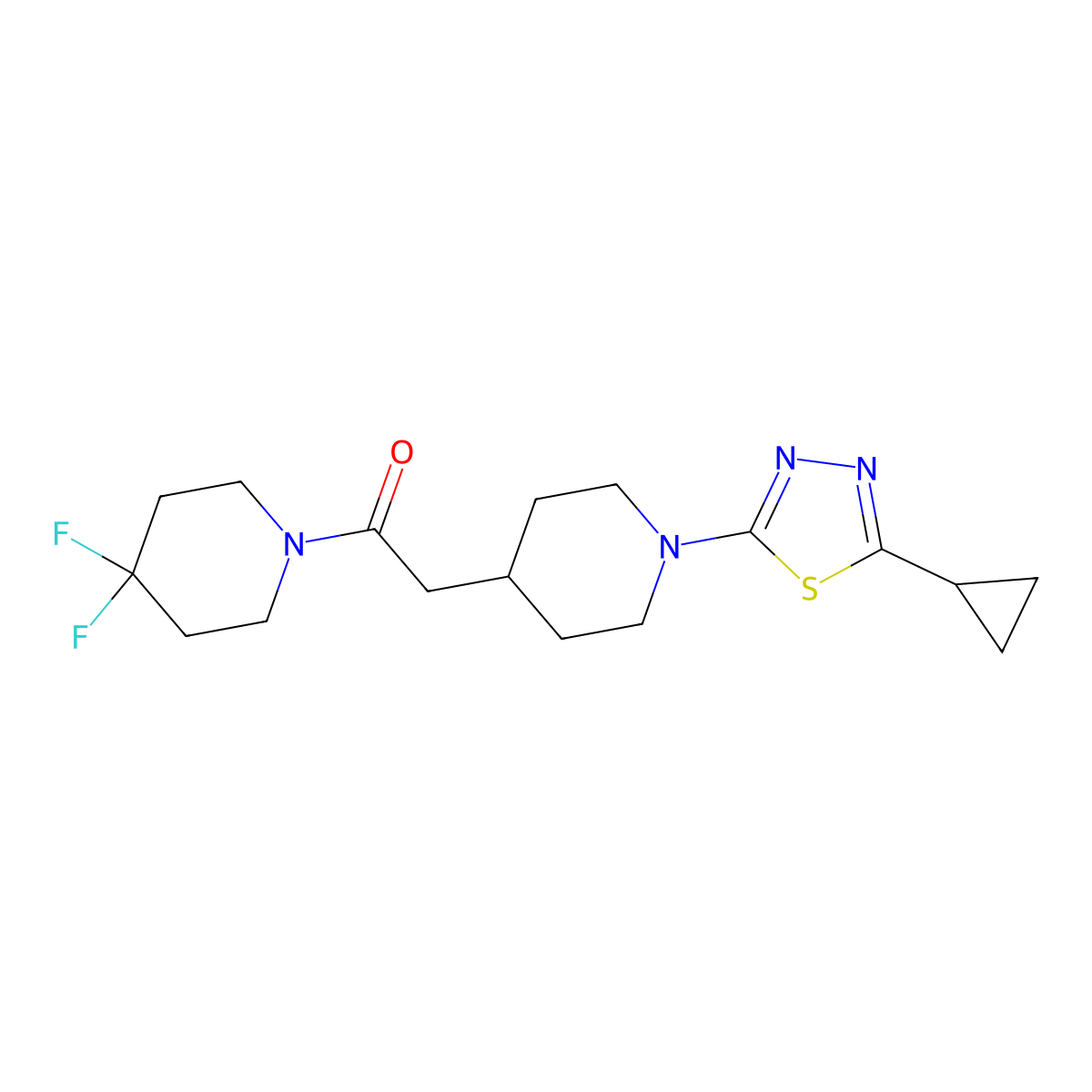 2-[1-(5-Cyclopropyl-1,3,4-thiadiazol-2-yl)piperidin-4-yl]-1-(4,4-difluoropiperidin-1-yl)ethan-1-one molecular structure, CAS 3054437-24-7