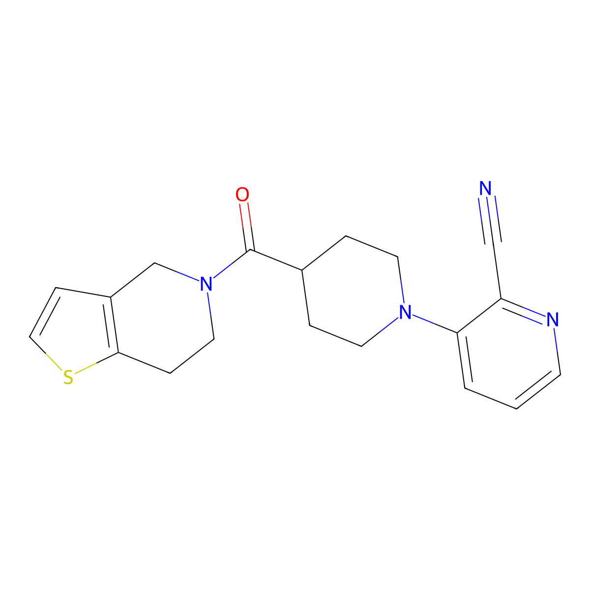3-(4-{4H,5H,6H,7H-thieno[3,2-c]pyridine-5-carbonyl}piperidin-1-yl)pyridine-2-carbonitrile molecular structure, CAS 3054437-25-8