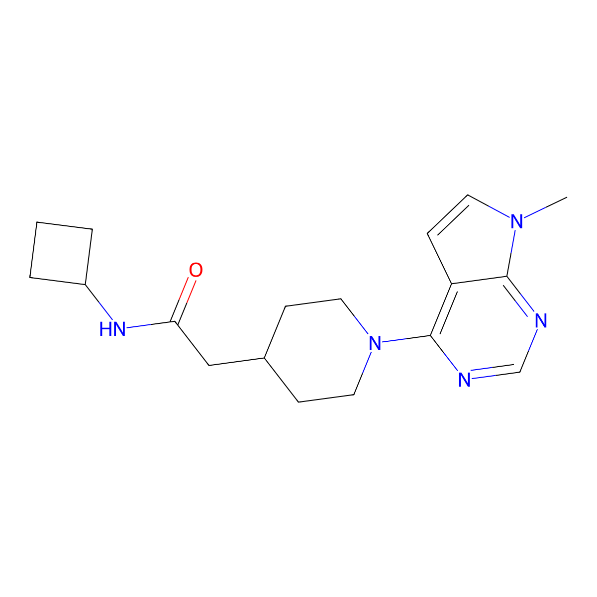 N-cyclobutyl-2-(1-{7-methyl-7H-pyrrolo[2,3-d]pyrimidin-4-yl}piperidin-4-yl)acetamide molecular structure, CAS 3054437-32-7