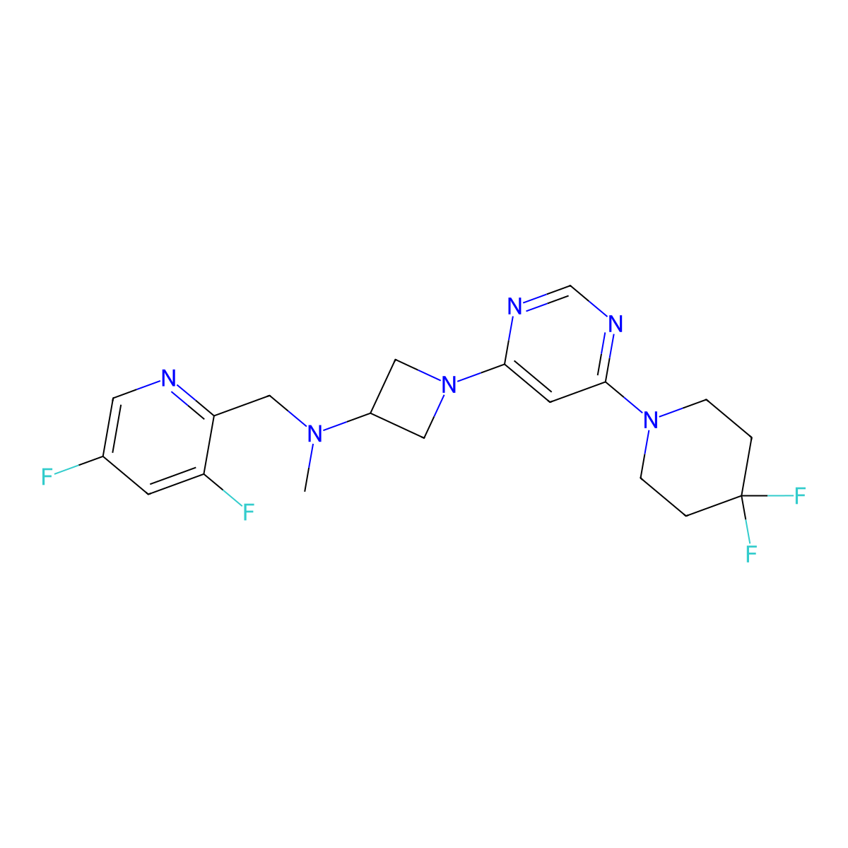 1-[6-(4,4-difluoropiperidin-1-yl)pyrimidin-4-yl]-N-[(3,5-difluoropyridin-2-yl)methyl]-N-methylazetidin-3-amine molecular structure, CAS 3054437-35-0