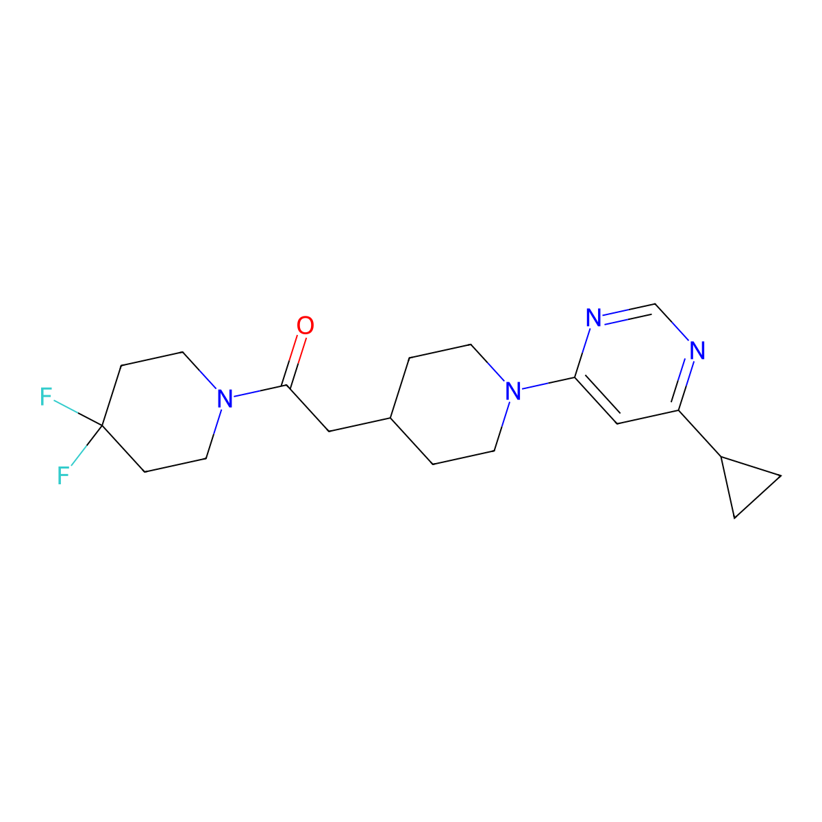 2-[1-(6-Cyclopropylpyrimidin-4-yl)piperidin-4-yl]-1-(4,4-difluoropiperidin-1-yl)ethan-1-one molecular structure, CAS 3054437-38-3