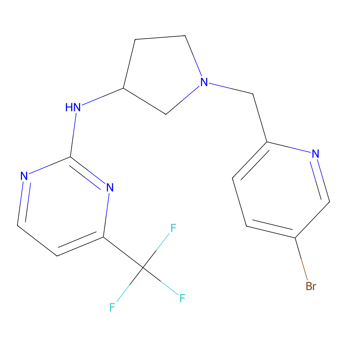 N-{1-[(5-bromopyridin-2-yl)methyl]pyrrolidin-3-yl}-4-(trifluoromethyl)pyrimidin-2-amine molecular structure, CAS 3054437-46-3