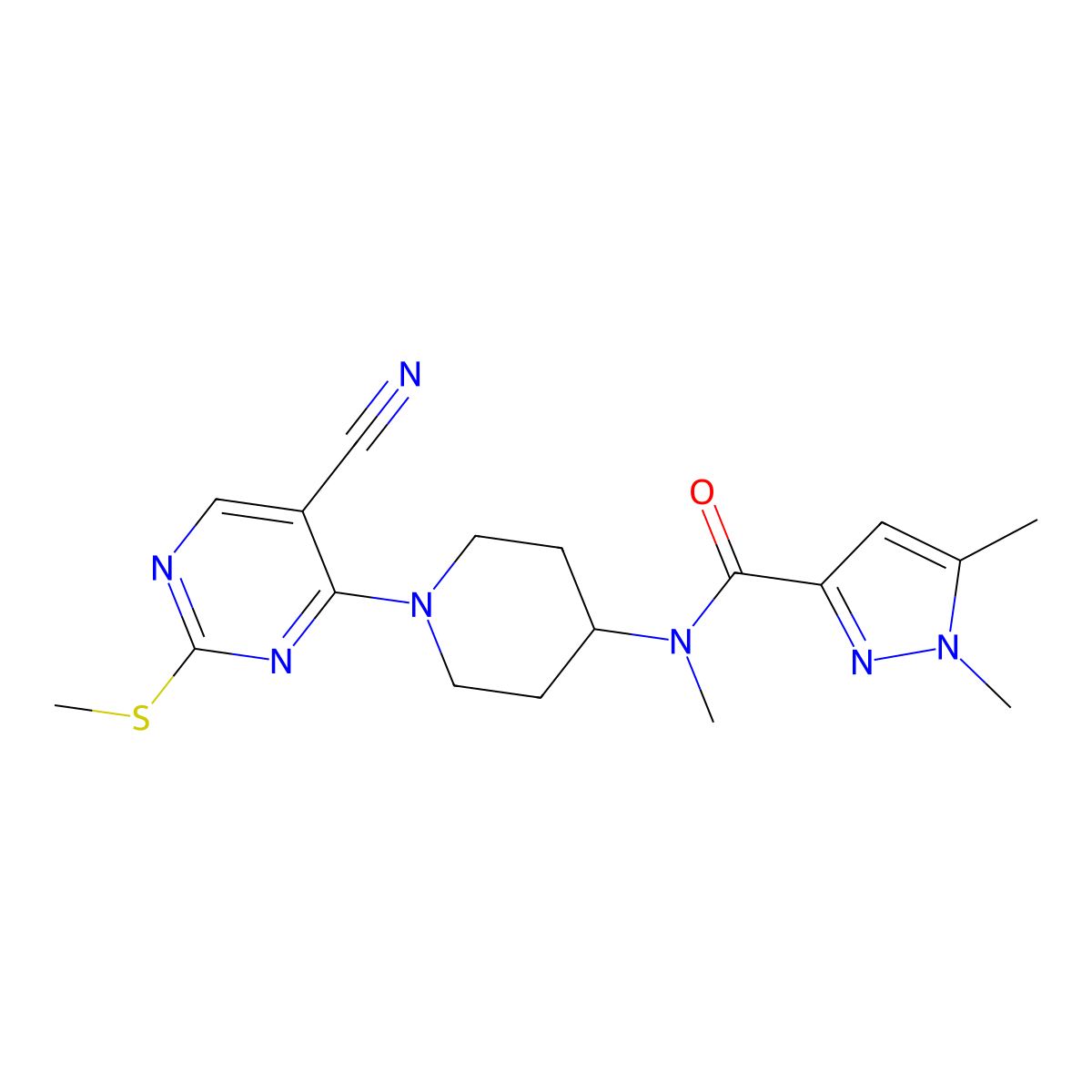 N-{1-[5-cyano-2-(methylsulfanyl)pyrimidin-4-yl]piperidin-4-yl}-N,1,5-trimethyl-1H-pyrazole-3-carboxamide molecular structure, CAS 3054437-51-0