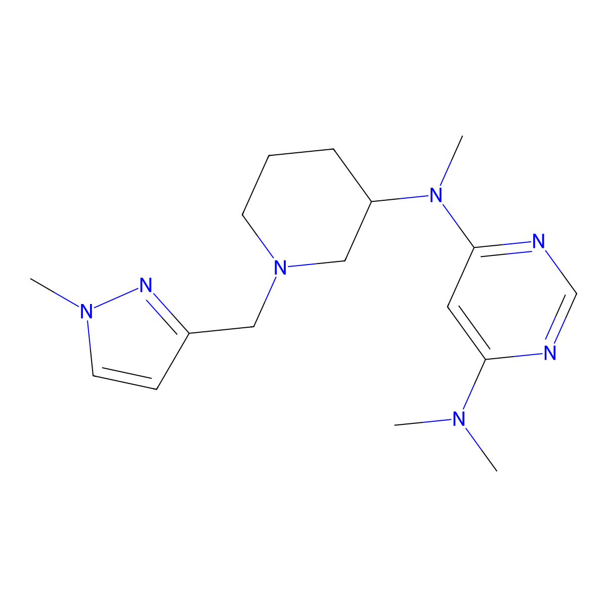 N4,N4,N6-trimethyl-N6-{1-[(1-methyl-1H-pyrazol-3-yl)methyl]piperidin-3-yl}pyrimidine-4,6-diamine molecular structure, CAS 3054437-56-5