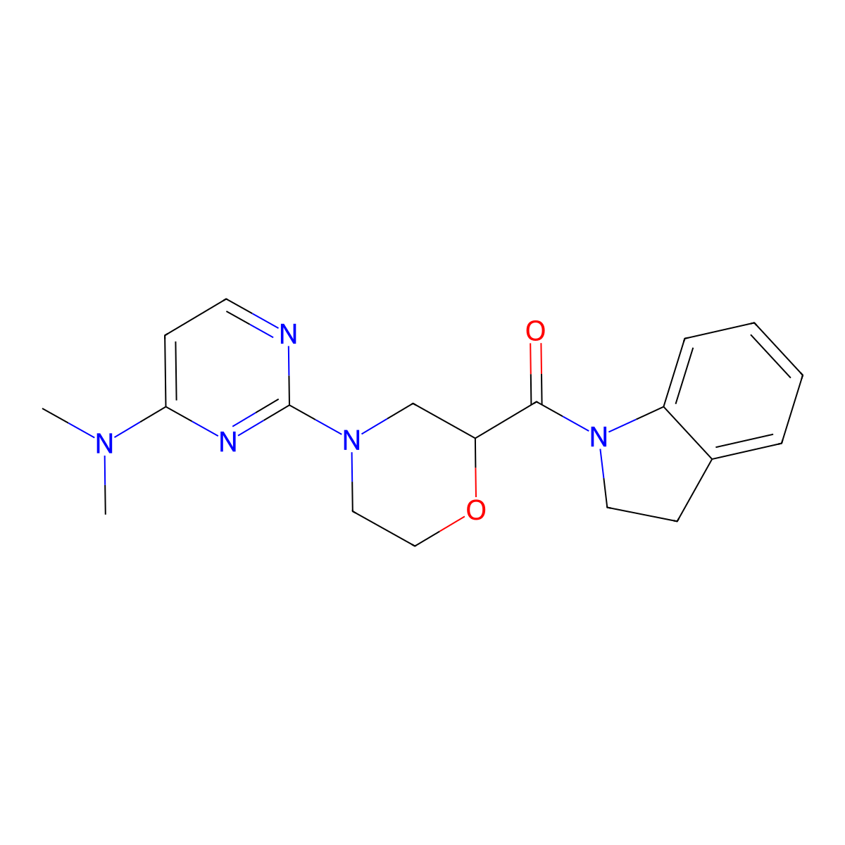 2-[2-(2,3-dihydro-1H-indole-1-carbonyl)morpholin-4-yl]-N,N-dimethylpyrimidin-4-amine molecular structure, CAS 3054437-69-0