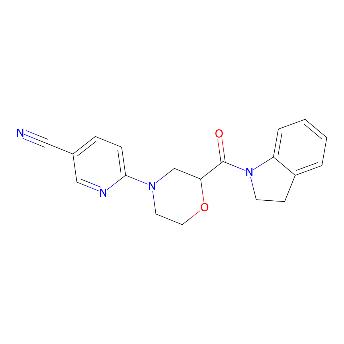 6-[2-(2,3-dihydro-1H-indole-1-carbonyl)morpholin-4-yl]pyridine-3-carbonitrile molecular structure, CAS 3054437-70-3