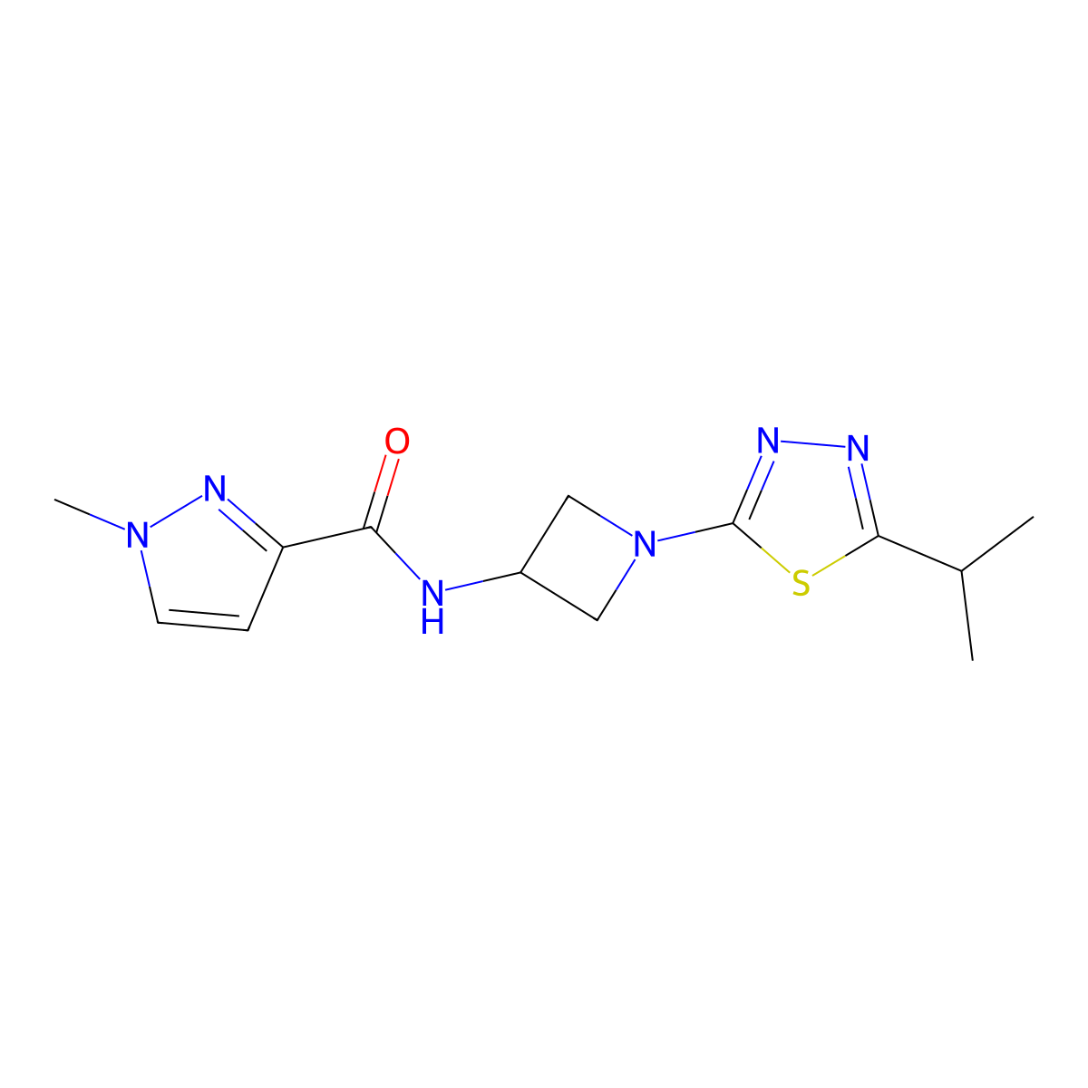 1-methyl-N-{1-[5-(propan-2-yl)-1,3,4-thiadiazol-2-yl]azetidin-3-yl}-1H-pyrazole-3-carboxamide molecular structure, CAS 3054437-73-6