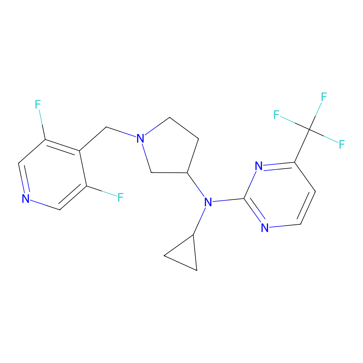 N-cyclopropyl-N-{1-[(3,5-difluoropyridin-4-yl)methyl]pyrrolidin-3-yl}-4-(trifluoromethyl)pyrimidin-2-amine molecular structure, CAS 3054437-74-7