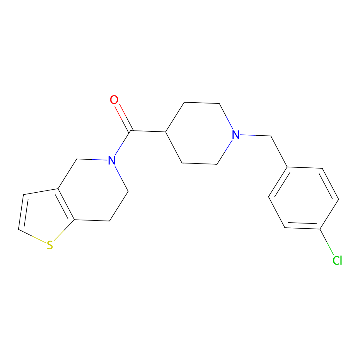 1-[(4-chlorophenyl)methyl]-4-{4H,5H,6H,7H-thieno[3,2-c]pyridine-5-carbonyl}piperidine molecular structure, CAS 3054437-77-0