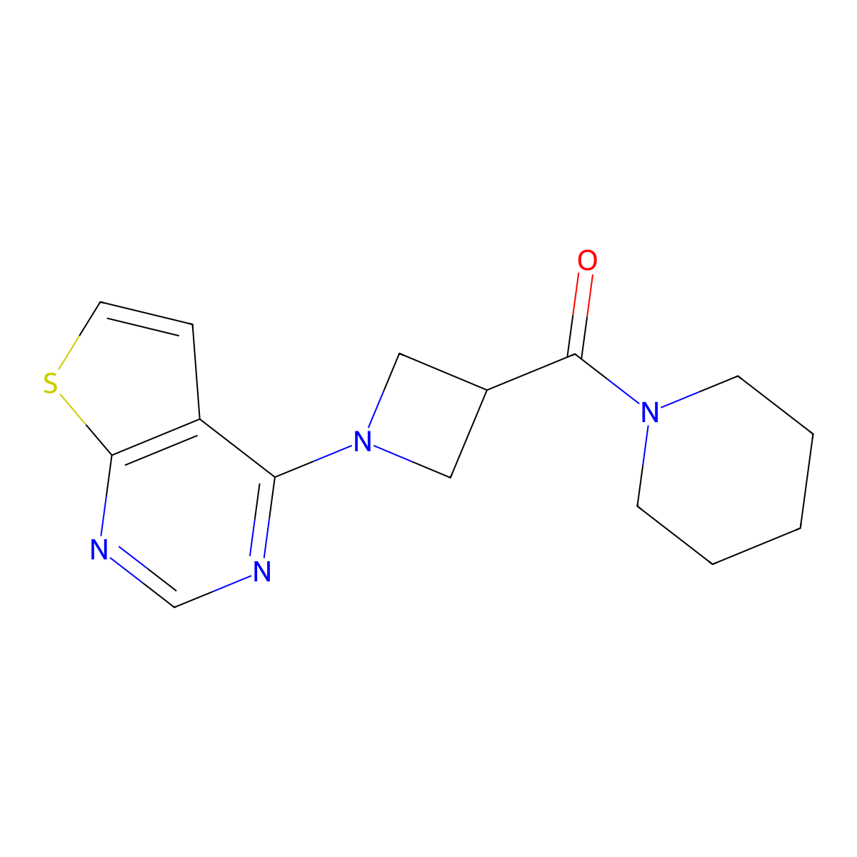 1-(1-{Thieno[2,3-d]pyrimidin-4-yl}azetidine-3-carbonyl)piperidine molecular structure, CAS 3054437-79-2