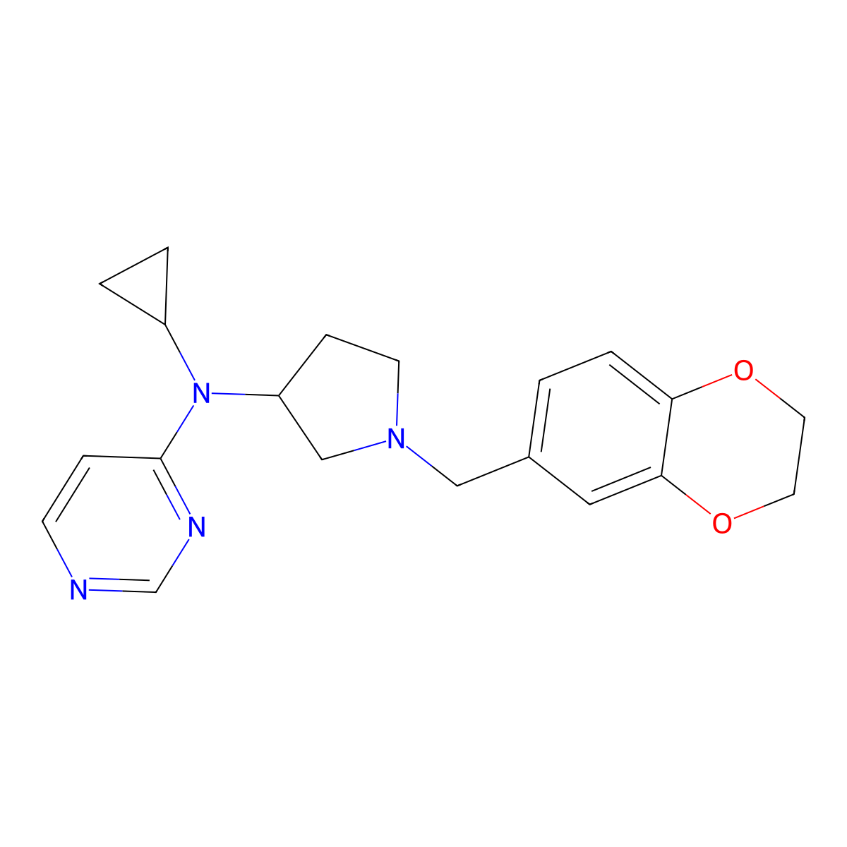 N-cyclopropyl-N-{1-[(2,3-dihydro-1,4-benzodioxin-6-yl)methyl]pyrrolidin-3-yl}pyrimidin-4-amine molecular structure, CAS 3054437-87-2