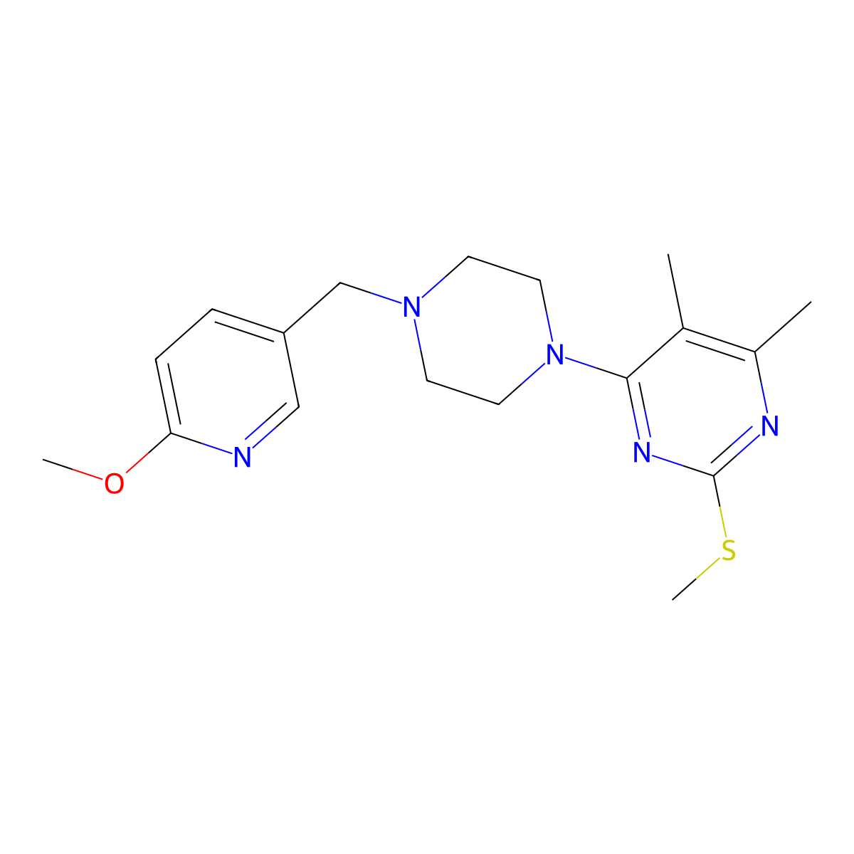 4-{4-[(6-Methoxypyridin-3-yl)methyl]piperazin-1-yl}-5,6-dimethyl-2-(methylsulfanyl)pyrimidine molecular structure, CAS 3054437-95-2