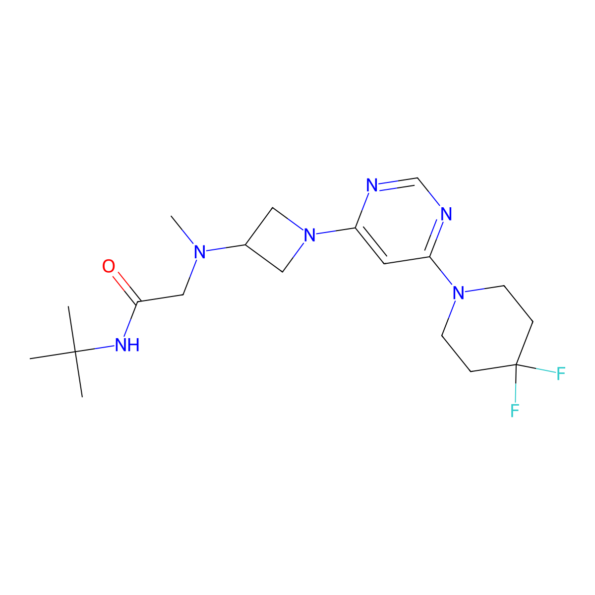N-tert-butyl-2-({1-[6-(4,4-difluoropiperidin-1-yl)pyrimidin-4-yl]azetidin-3-yl}(methyl)amino)acetamide molecular structure, CAS 3054438-01-3