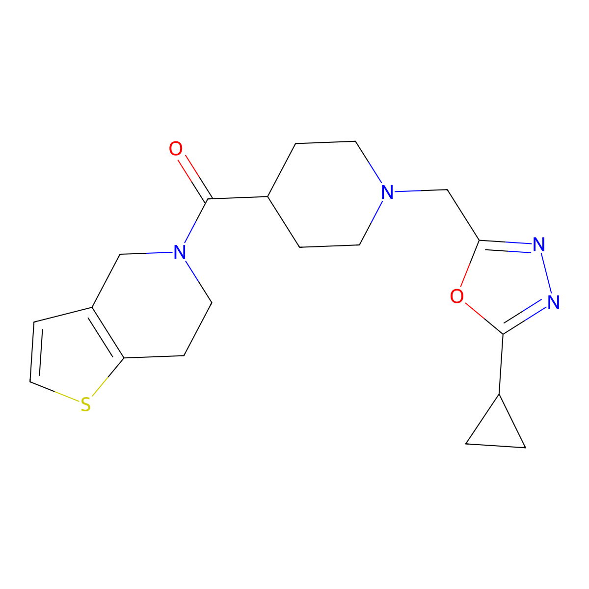 1-[(5-cyclopropyl-1,3,4-oxadiazol-2-yl)methyl]-4-{4H,5H,6H,7H-thieno[3,2-c]pyridine-5-carbonyl}piperidine molecular structure, CAS 3054438-07-9