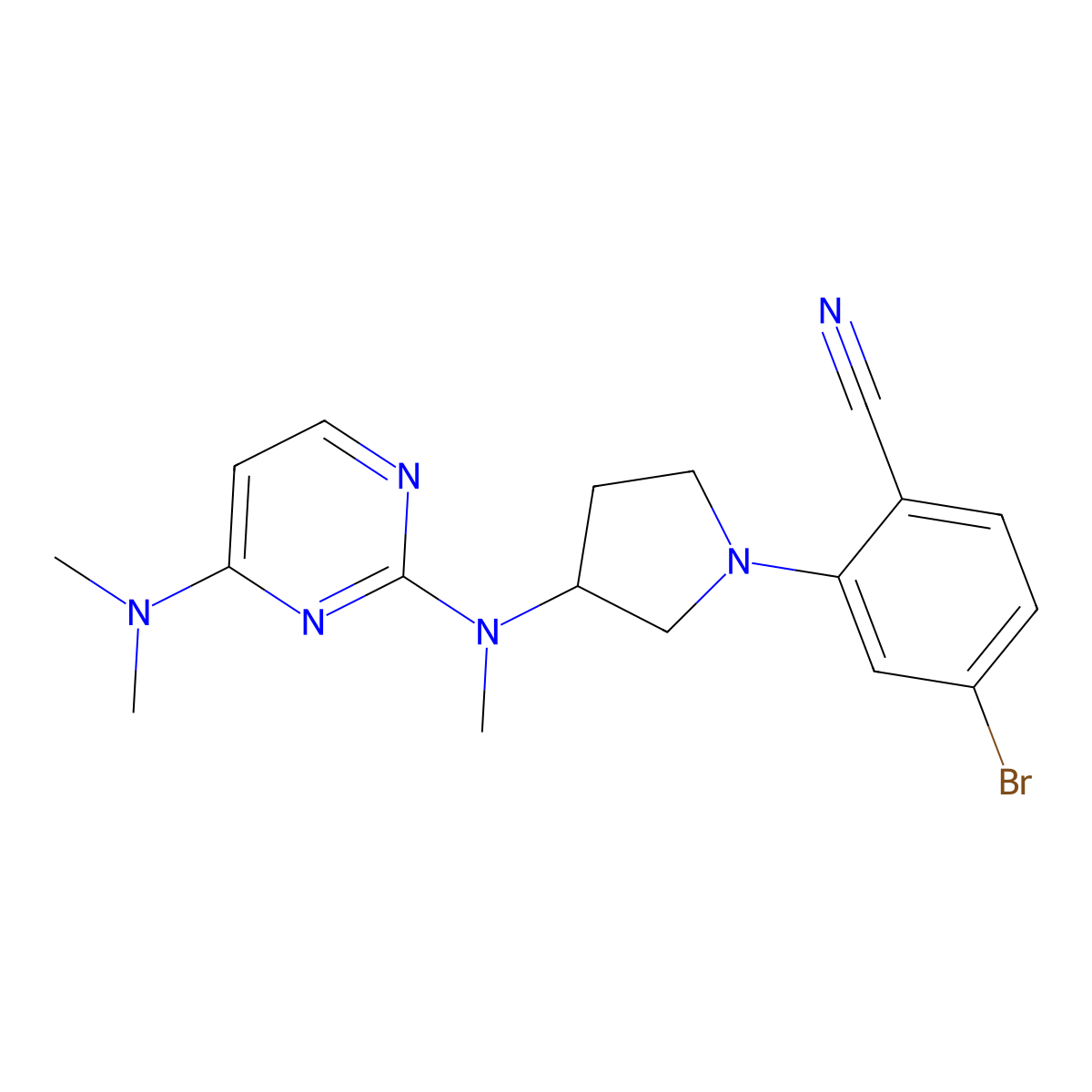 4-Bromo-2-(3-{[4-(dimethylamino)pyrimidin-2-yl](methyl)amino}pyrrolidin-1-yl)benzonitrile molecular structure, CAS 3054438-17-1