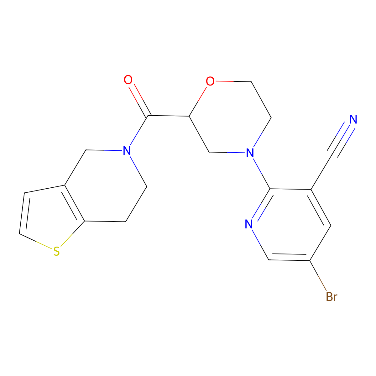5-bromo-2-(2-{4H,5H,6H,7H-thieno[3,2-c]pyridine-5-carbonyl}morpholin-4-yl)pyridine-3-carbonitrile molecular structure, CAS 3054443-54-5