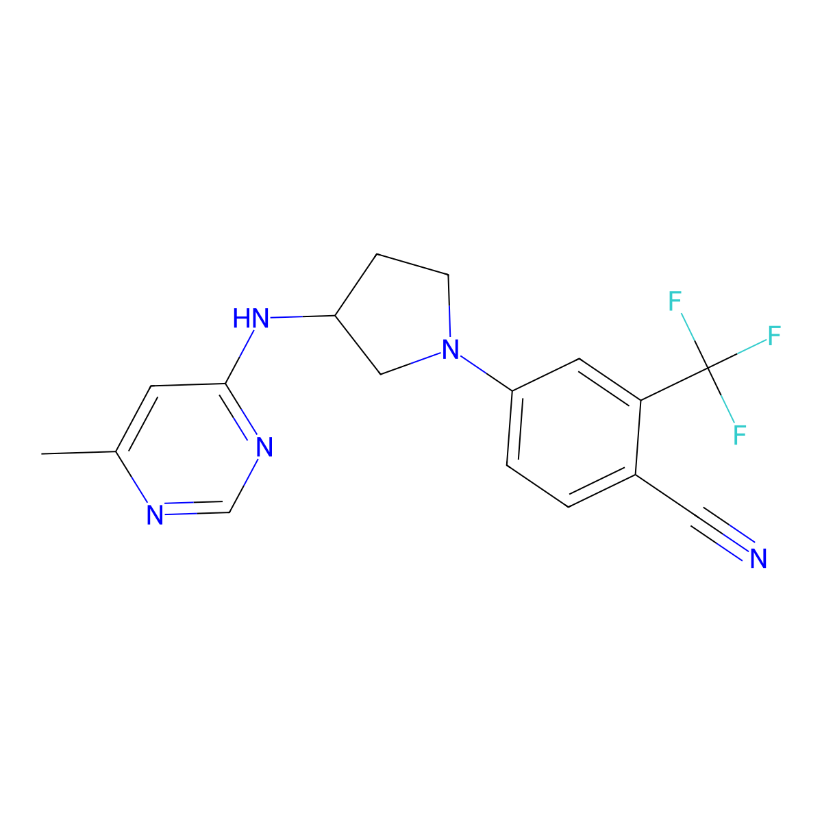 4-{3-[(6-Methylpyrimidin-4-yl)amino]pyrrolidin-1-yl}-2-(trifluoromethyl)benzonitrile molecular structure, CAS 3054443-56-7