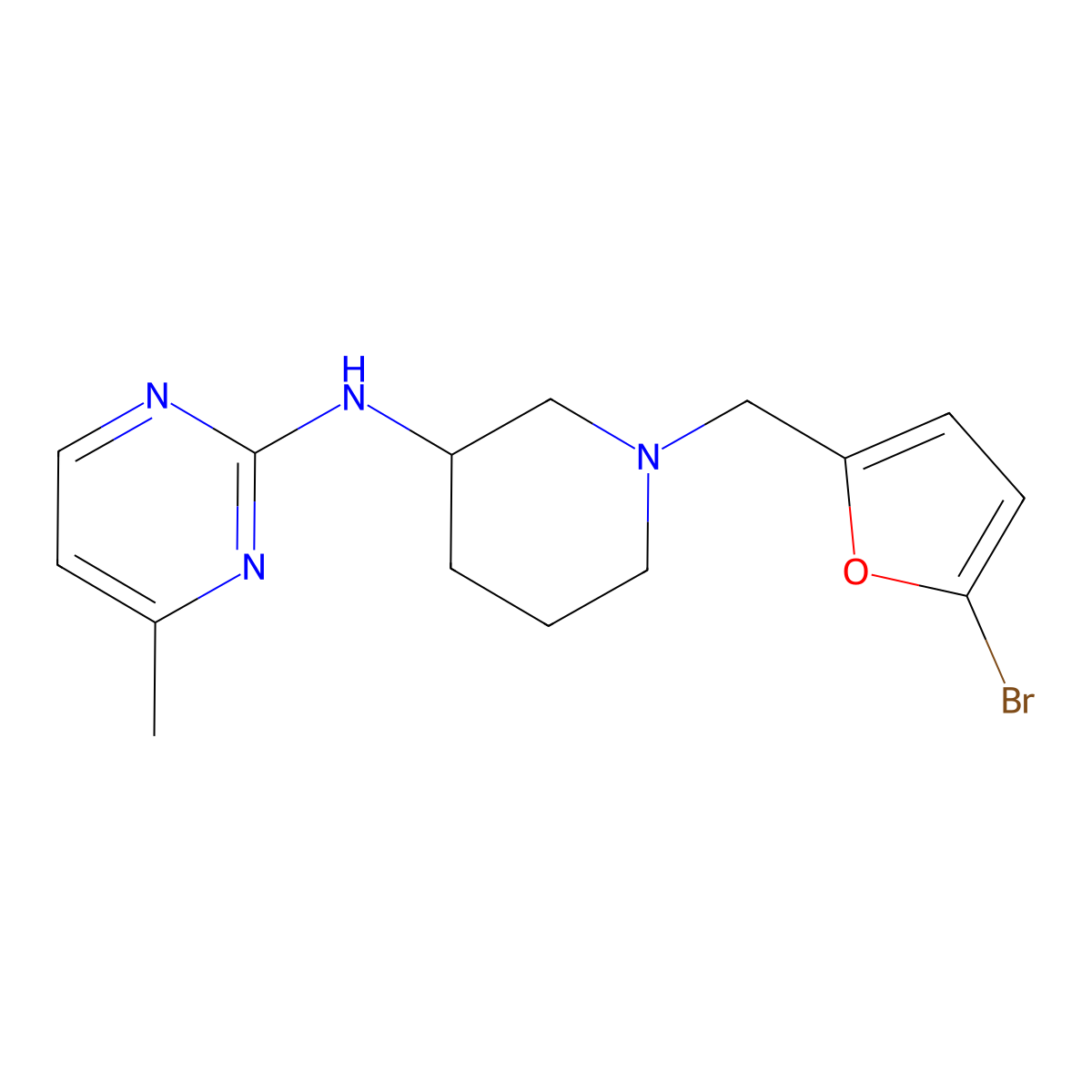 N-{1-[(5-bromofuran-2-yl)methyl]piperidin-3-yl}-4-methylpyrimidin-2-amine molecular structure, CAS 3054443-58-9