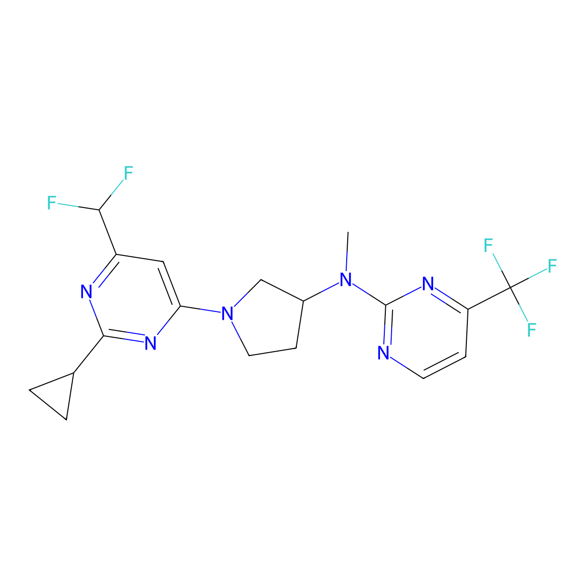 N-{1-[2-cyclopropyl-6-(difluoromethyl)pyrimidin-4-yl]pyrrolidin-3-yl}-N-methyl-4-(trifluoromethyl)pyrimidin-2-amine molecular structure, CAS 3054443-62-5