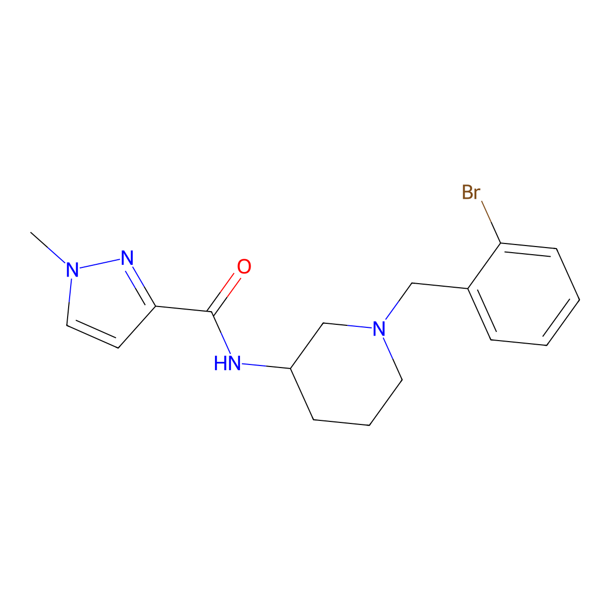 N-{1-[(2-bromophenyl)methyl]piperidin-3-yl}-1-methyl-1H-pyrazole-3-carboxamide molecular structure, CAS 3054443-63-6