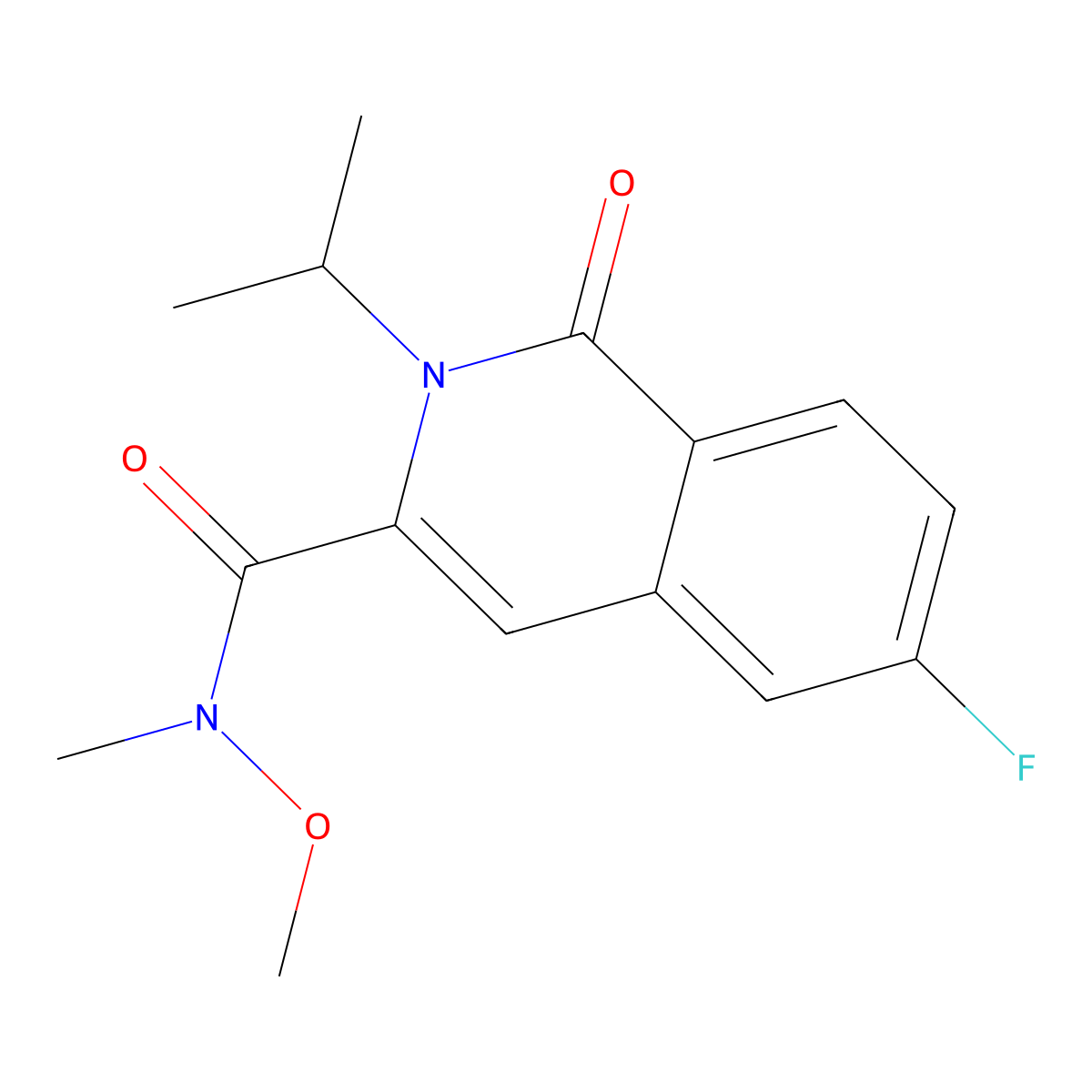 6-fluoro-N-methoxy-N-methyl-1-oxo-2-(propan-2-yl)-1,2-dihydroisoquinoline-3-carboxamide molecular structure, CAS 3054443-66-9
