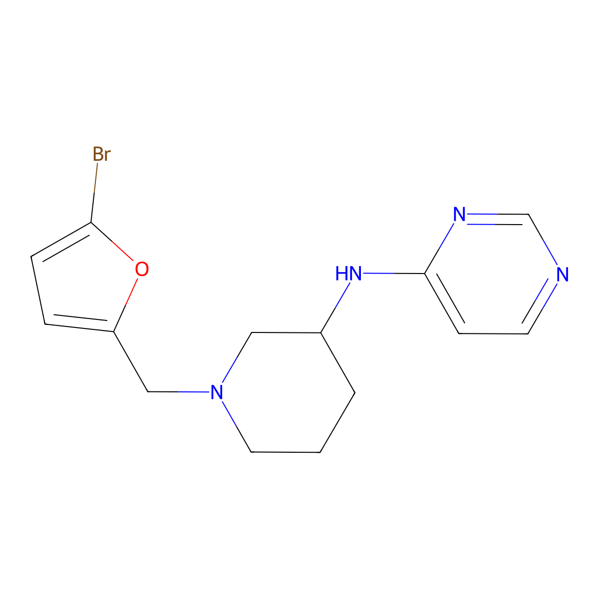 N-{1-[(5-bromofuran-2-yl)methyl]piperidin-3-yl}pyrimidin-4-amine molecular structure, CAS 3054443-68-1