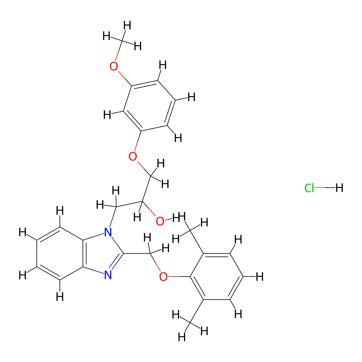 1-{2-[(2,6-dimethylphenoxy)methyl]-1H-1,3-benzodiazol-1-yl}-3-(3-methoxyphenoxy)propan-2-ol hydrochloride molecular structure, CAS 3054443-74-9