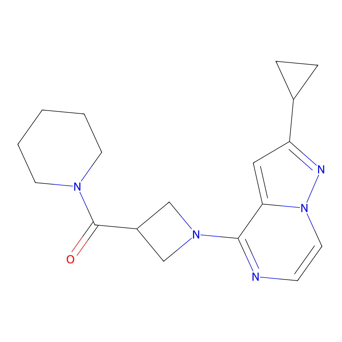 1-(1-{2-Cyclopropylpyrazolo[1,5-a]pyrazin-4-yl}azetidine-3-carbonyl)piperidine molecular structure, CAS 3054443-85-2