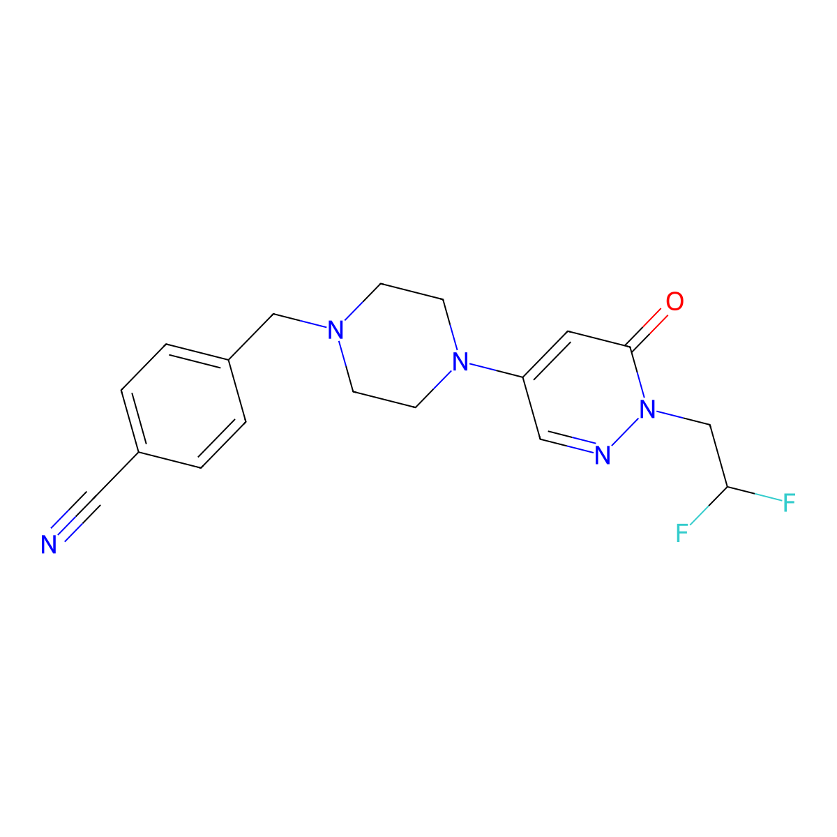 4-({4-[1-(2,2-Difluoroethyl)-6-oxo-1,6-dihydropyridazin-4-yl]piperazin-1-yl}methyl)benzonitrile molecular structure, CAS 3054443-91-0