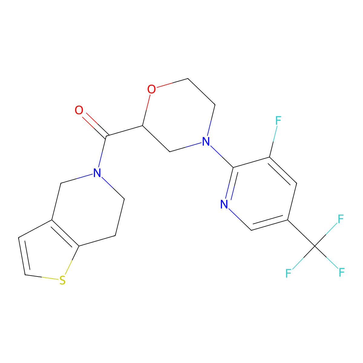 4-[3-fluoro-5-(trifluoromethyl)pyridin-2-yl]-2-{4H,5H,6H,7H-thieno[3,2-c]pyridine-5-carbonyl}morpholine molecular structure, CAS 3054444-05-9