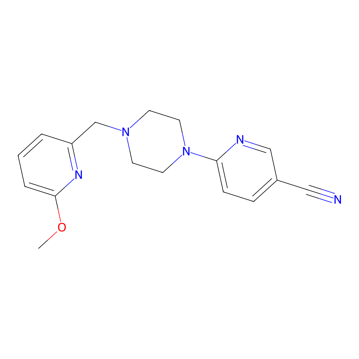 6-{4-[(6-Methoxypyridin-2-yl)methyl]piperazin-1-yl}pyridine-3-carbonitrile molecular structure, CAS 3054444-13-9