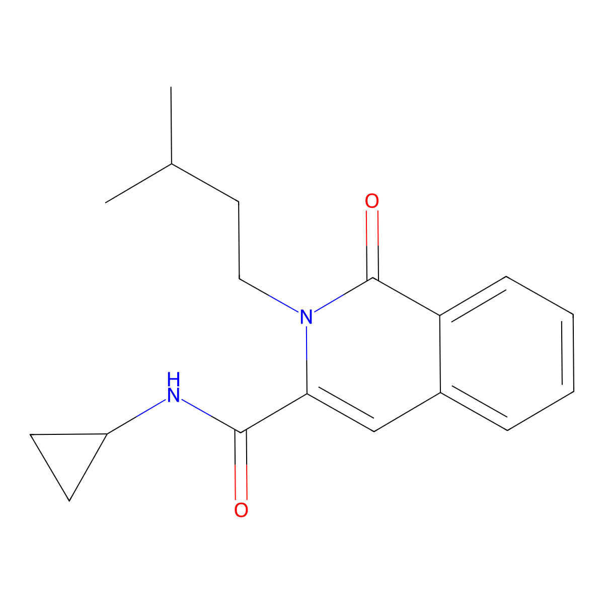 N-cyclopropyl-2-(3-methylbutyl)-1-oxo-1,2-dihydroisoquinoline-3-carboxamide molecular structure, CAS 3054444-21-9