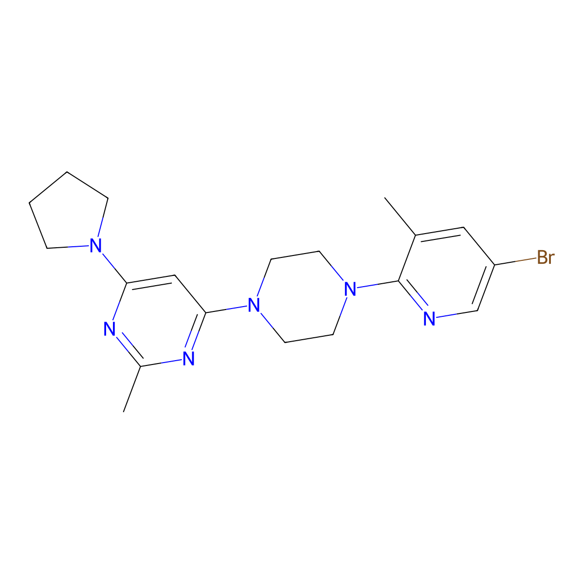 4-[4-(5-Bromo-3-methylpyridin-2-yl)piperazin-1-yl]-2-methyl-6-(pyrrolidin-1-yl)pyrimidine molecular structure, CAS 3054444-30-0