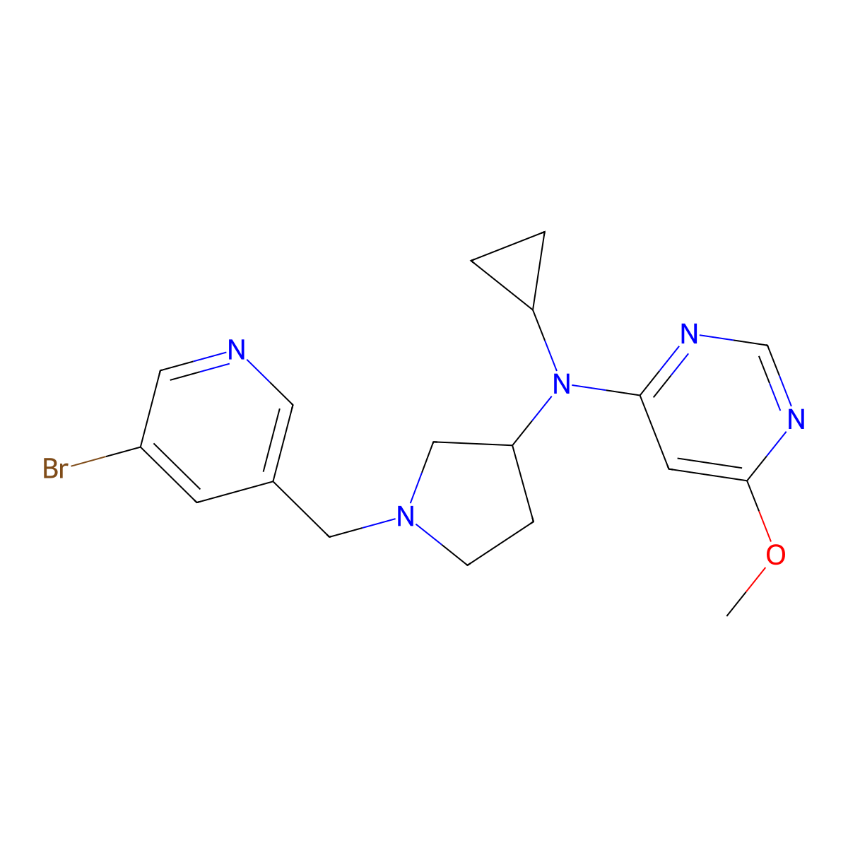 N-{1-[(5-bromopyridin-3-yl)methyl]pyrrolidin-3-yl}-N-cyclopropyl-6-methoxypyrimidin-4-amine molecular structure, CAS 3054444-36-6