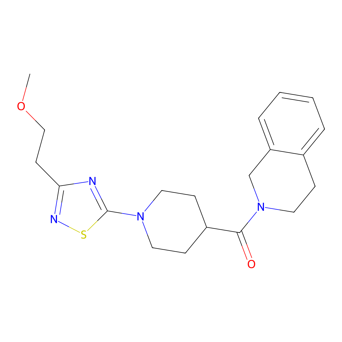 2-{1-[3-(2-Methoxyethyl)-1,2,4-thiadiazol-5-yl]piperidine-4-carbonyl}-1,2,3,4-tetrahydroisoquinoline molecular structure, CAS 3054444-38-8