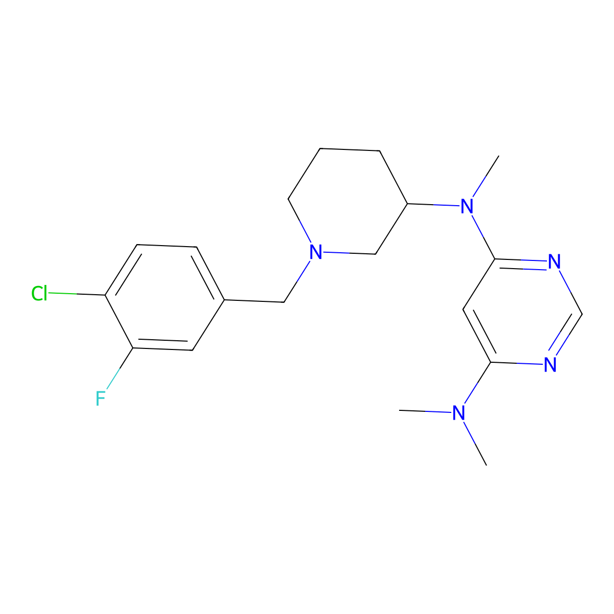 N4-{1-[(4-chloro-3-fluorophenyl)methyl]piperidin-3-yl}-N4,N6,N6-trimethylpyrimidine-4,6-diamine molecular structure, CAS 3054444-40-2