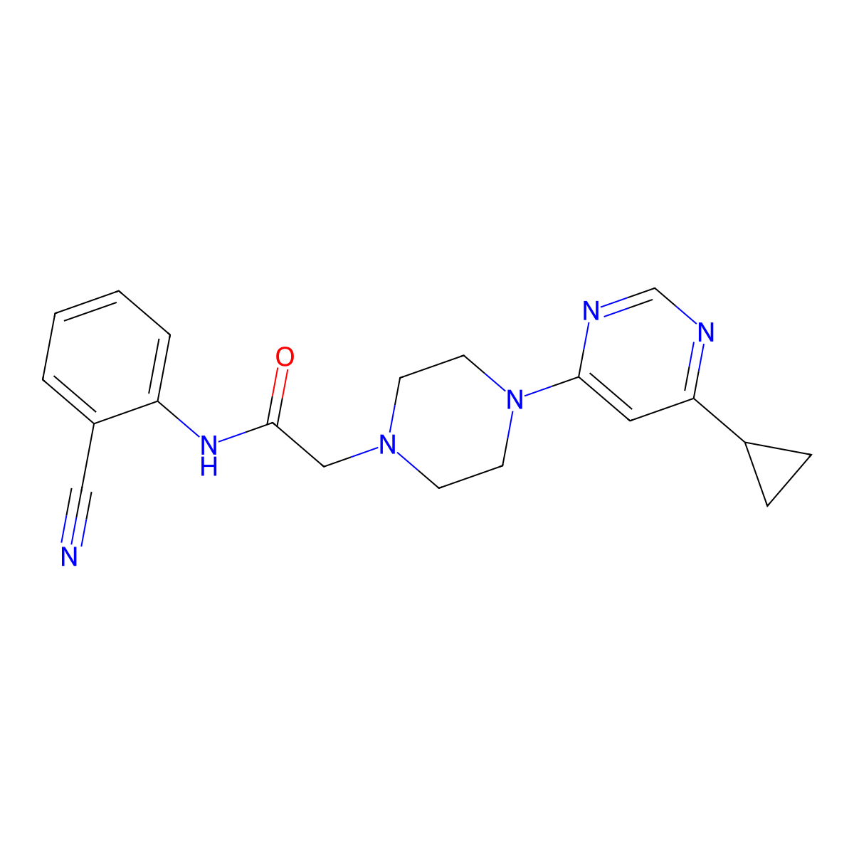 N-(2-cyanophenyl)-2-[4-(6-cyclopropylpyrimidin-4-yl)piperazin-1-yl]acetamide molecular structure, CAS 3054444-47-9