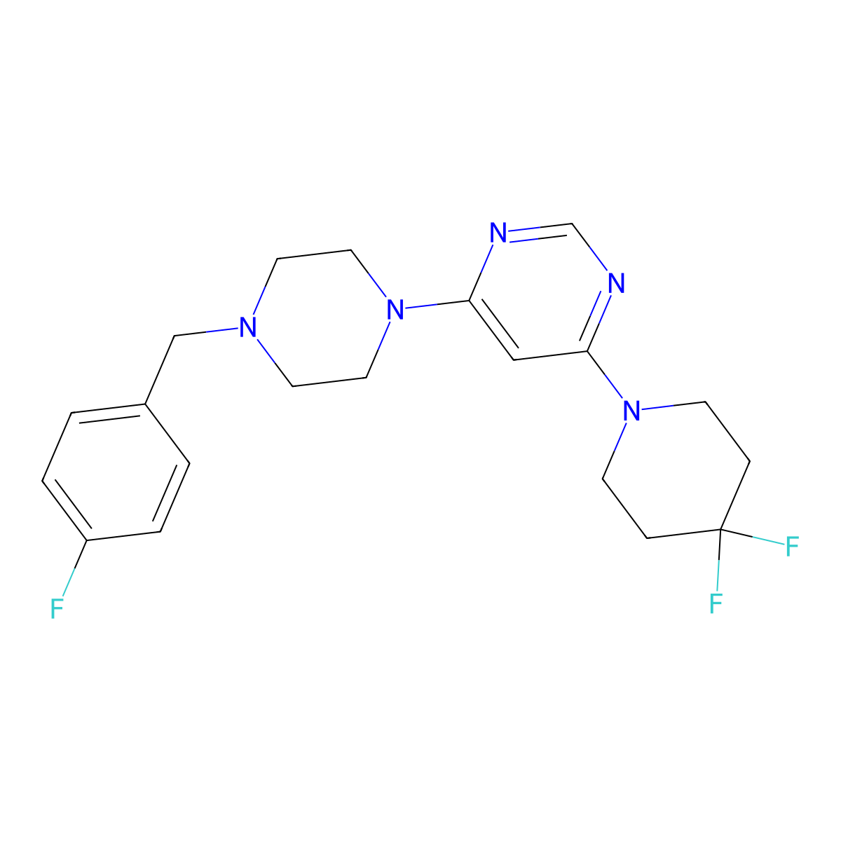 4-(4,4-Difluoropiperidin-1-yl)-6-{4-[(4-fluorophenyl)methyl]piperazin-1-yl}pyrimidine molecular structure, CAS 3054444-50-4