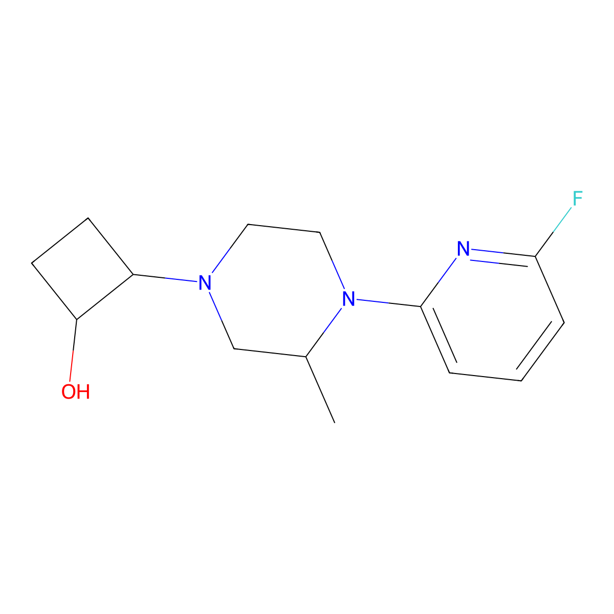 2-[4-(6-Fluoropyridin-2-yl)-3-methylpiperazin-1-yl]cyclobutan-1-ol molecular structure, CAS 3054444-51-5