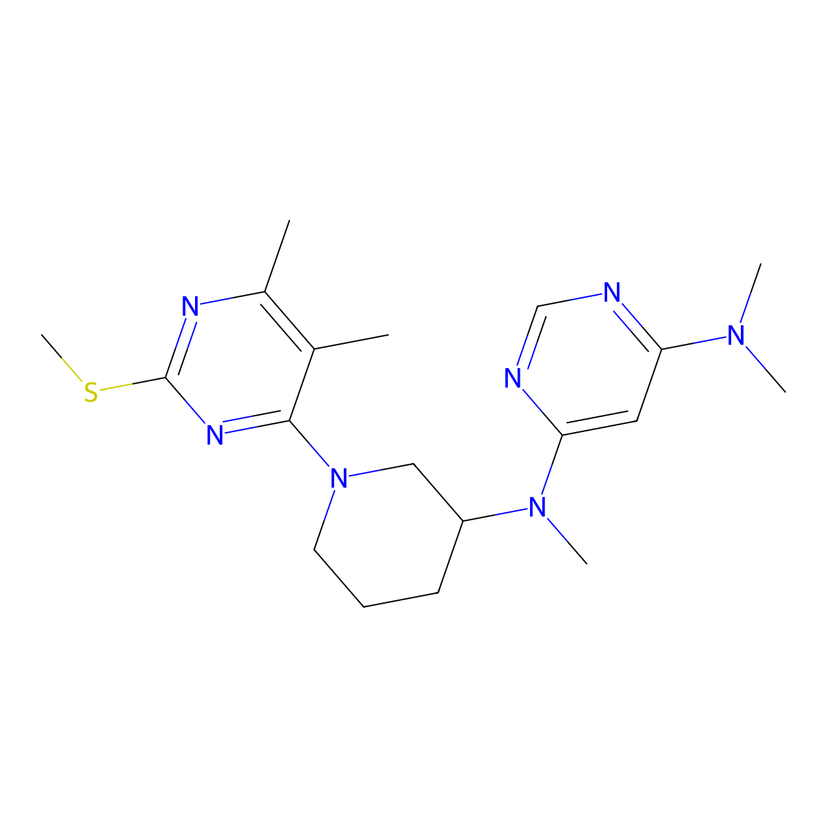 N4-{1-[5,6-dimethyl-2-(methylsulfanyl)pyrimidin-4-yl]piperidin-3-yl}-N4,N6,N6-trimethylpyrimidine-4,6-diamine molecular structure, CAS 3054444-55-9