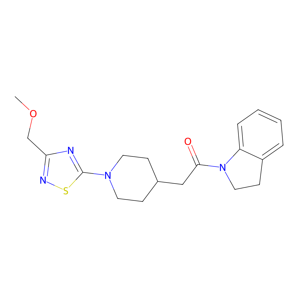 1-(2,3-dihydro-1H-indol-1-yl)-2-{1-[3-(methoxymethyl)-1,2,4-thiadiazol-5-yl]piperidin-4-yl}ethan-1-one molecular structure, CAS 3054444-59-3