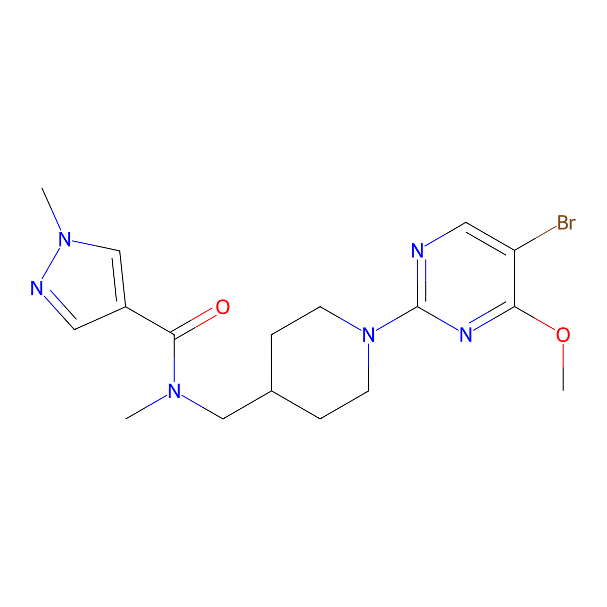 N-{[1-(5-bromo-4-methoxypyrimidin-2-yl)piperidin-4-yl]methyl}-N,1-dimethyl-1H-pyrazole-4-carboxamide molecular structure, CAS 3054444-70-8